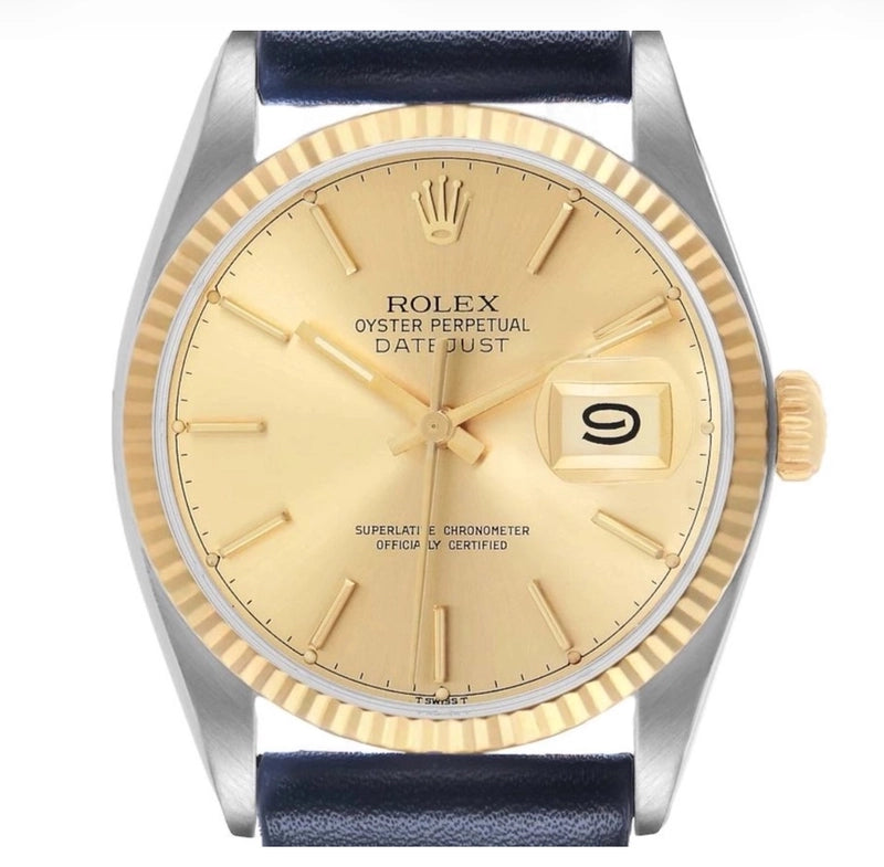 Rolex Datejust 36 Champagne Stick Dial on Generic Black Leather Strap Ref. 16233 1988