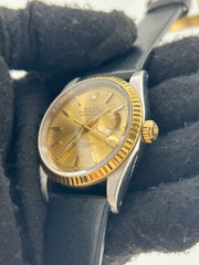 Rolex Datejust 36 Champagne Stick Dial on Generic Black Leather Strap Ref. 16233 Service Card 2018