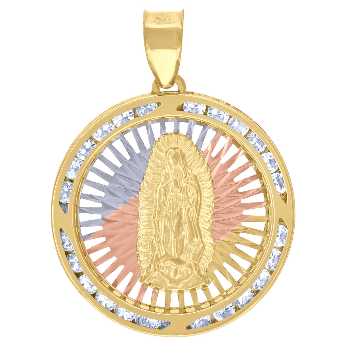 10kt Tri-Tone Gold Unisex Cubic Zirconia Cubic-Zirconia Lady Of Guadalupe Religious Pendant