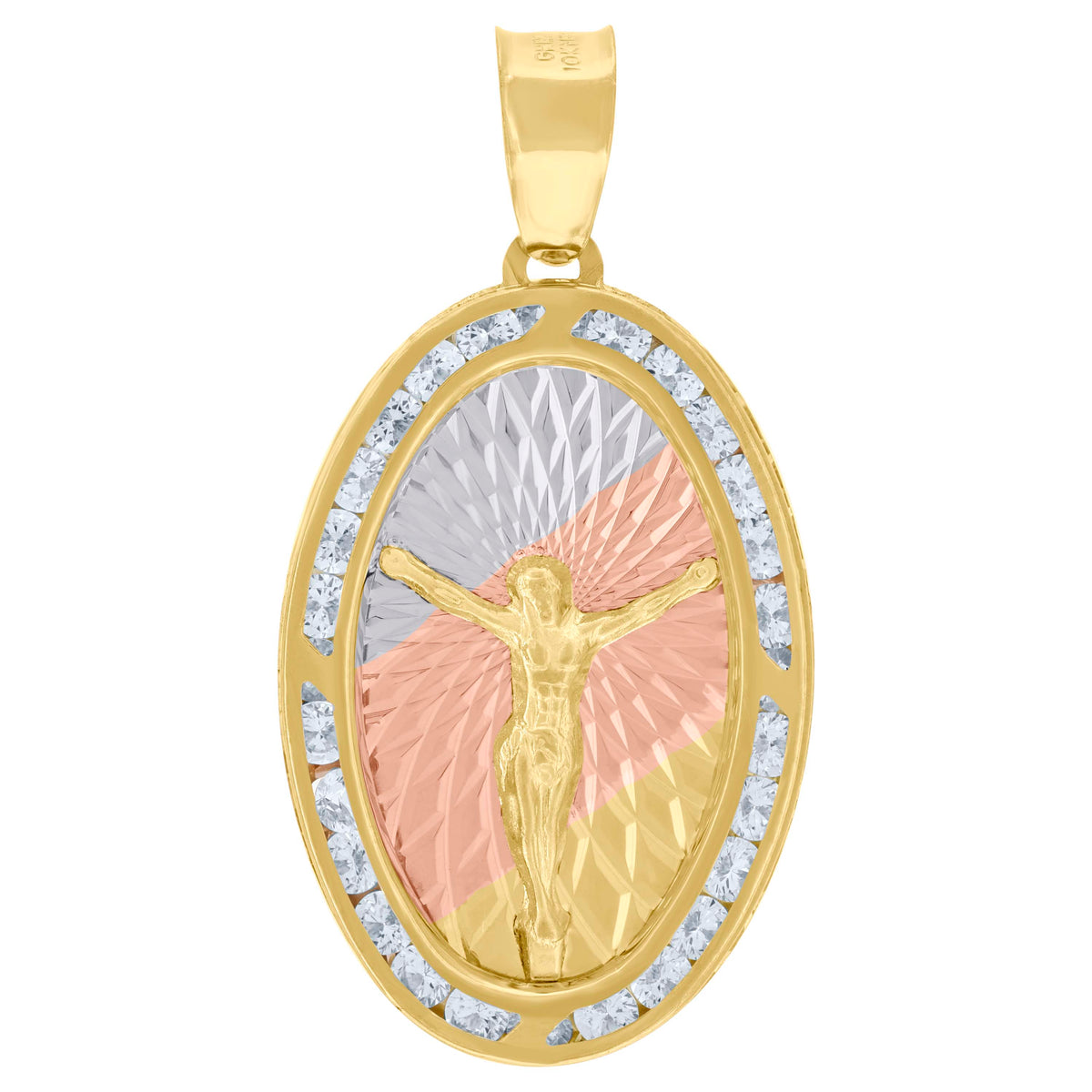 10kt Tri-Color Gold Unisex Cubic-Zirconia Diamond-Cut Crucifix Religious Oval Charm Pendant