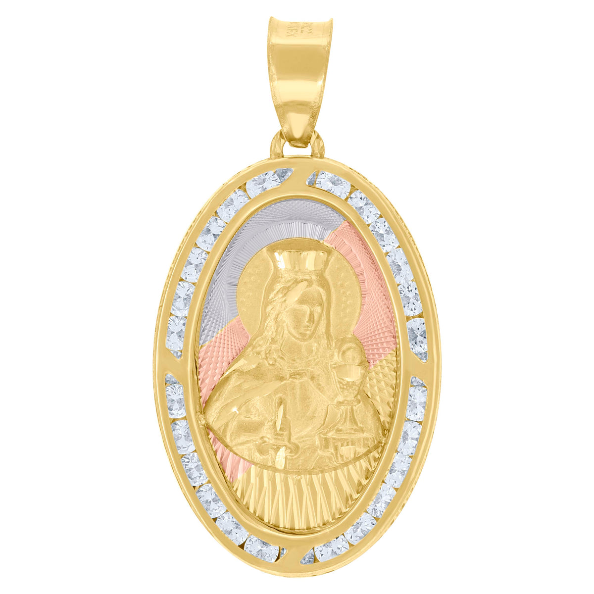10kt Tri-Color Gold Unisex Cubic-Zirconia Textured Santa Barbara Religious Oval Charm Pendant
