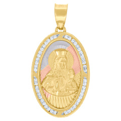 10kt Tri-Color Gold Unisex Cubic-Zirconia Textured Santa Barbara Religious Oval Charm Pendant