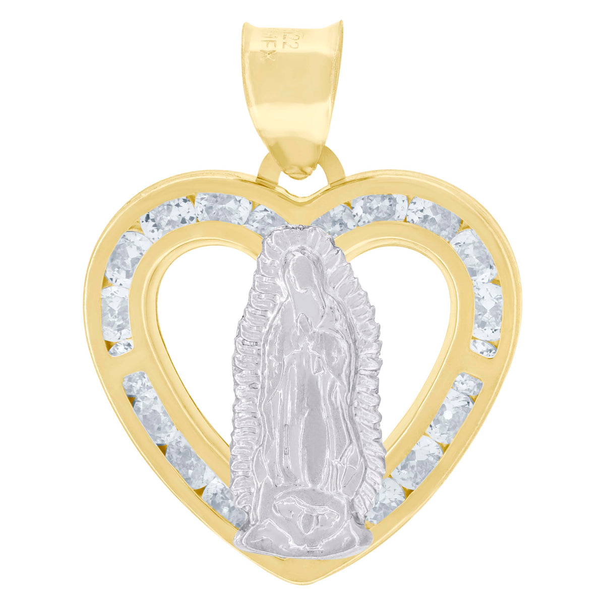 10kt Two-Tone Gold Unisex Cubic-Zirconia Lady Of Guadalupe Heart Religious Charm Pendant