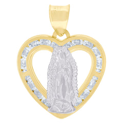 10kt Two-Tone Gold Unisex Cubic-Zirconia Lady Of Guadalupe Heart Religious Charm Pendant
