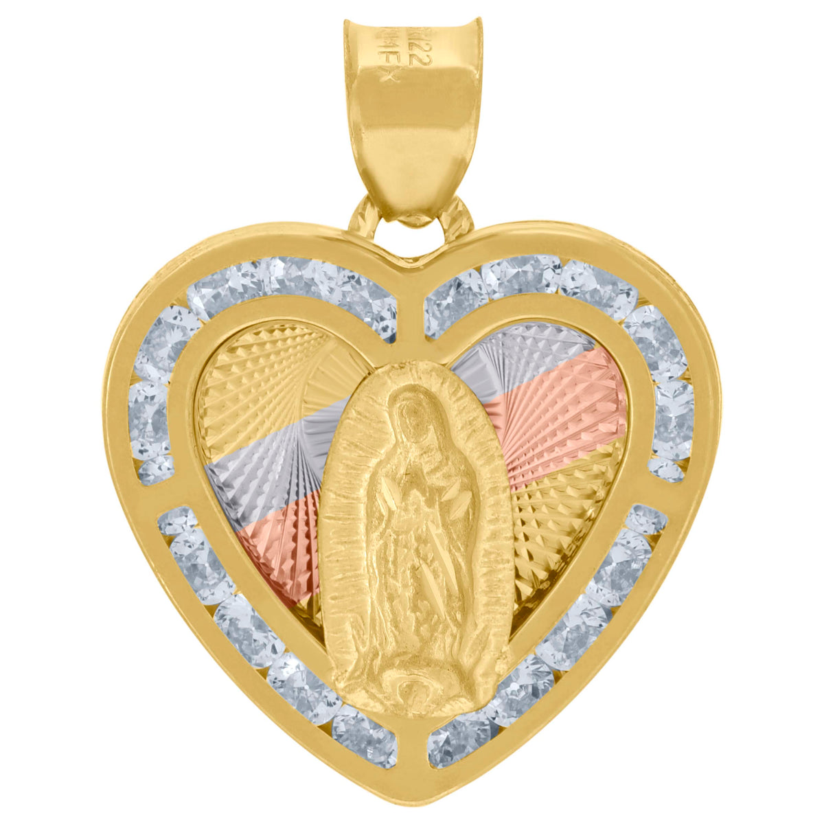 10kt Tri-Color Gold Unisex Cubic-Zirconia Diamond-Cut Lady Of Guadalupe Religious Heart Charm Pendant