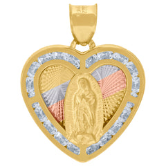 10kt Tri-Color Gold Unisex Cubic-Zirconia Diamond-Cut Lady Of Guadalupe Religious Heart Charm Pendant
