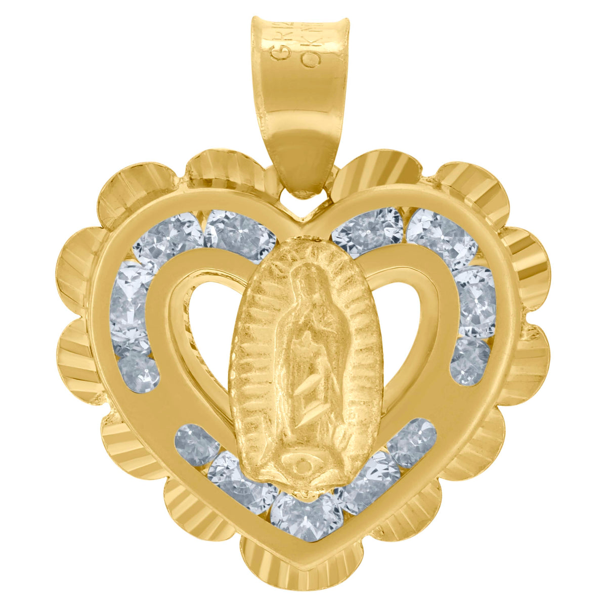 10kt Two-Tone Gold Unisex Cubic-Zirconia Textured Lady Of Guadalupe Religious Heart Charm Pendant