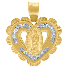 10kt Two-Tone Gold Unisex Cubic-Zirconia Textured Lady Of Guadalupe Religious Heart Charm Pendant