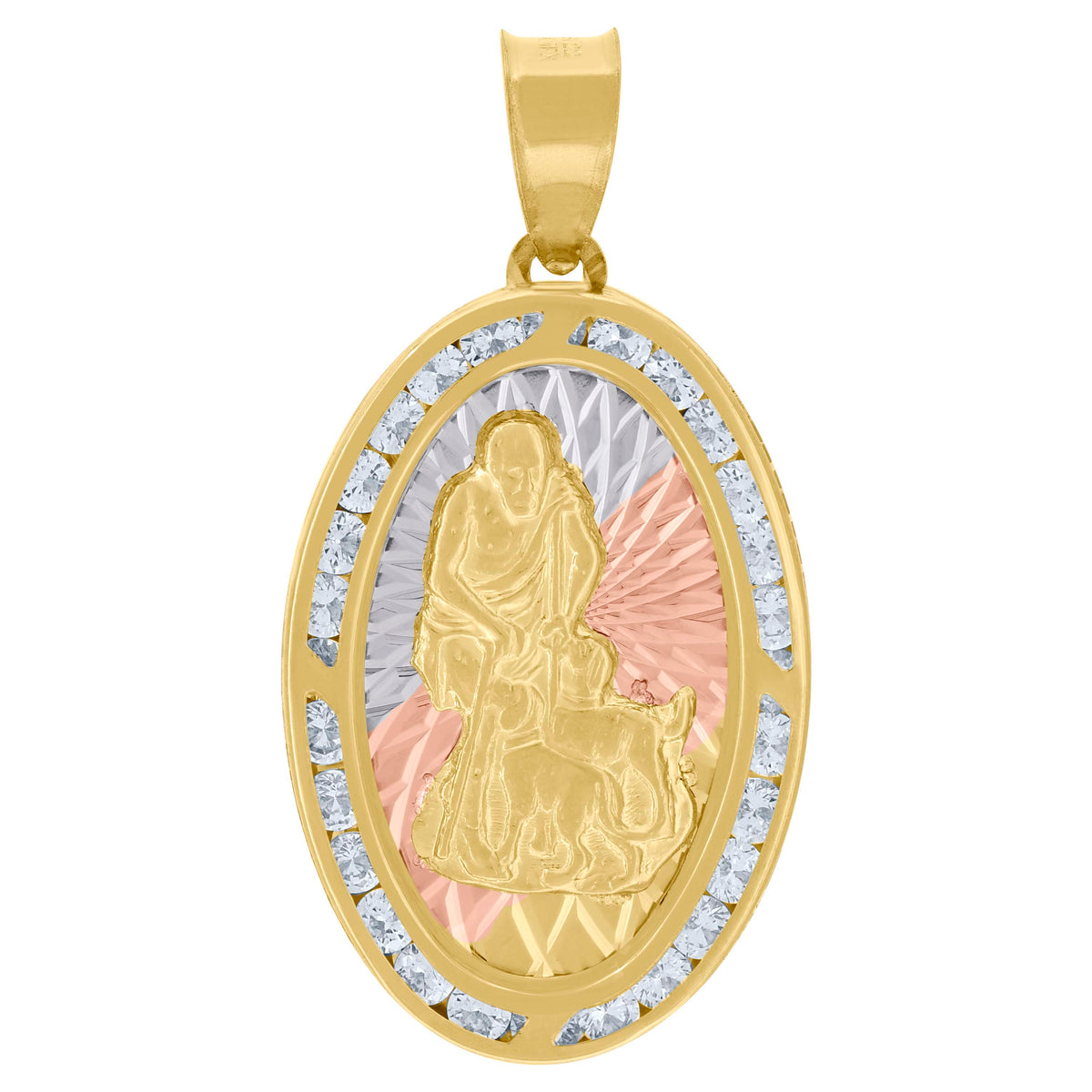 10kt Tri-Color Gold Unisex Cubic-Zirconia Diamond-Cut Saint Lazarus Religious Oval Charm Pendant