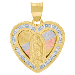 10kt Tri-Color Gold Unisex Cubic-Zirconia Textured Lady Of Guadalupe Religious Heart Charm Pendant