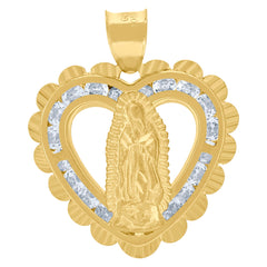 10kt Yellow Gold Unisex Cubic-Zirconia Textured Lady Of Guadalupe Religious Heart Charm Pendant