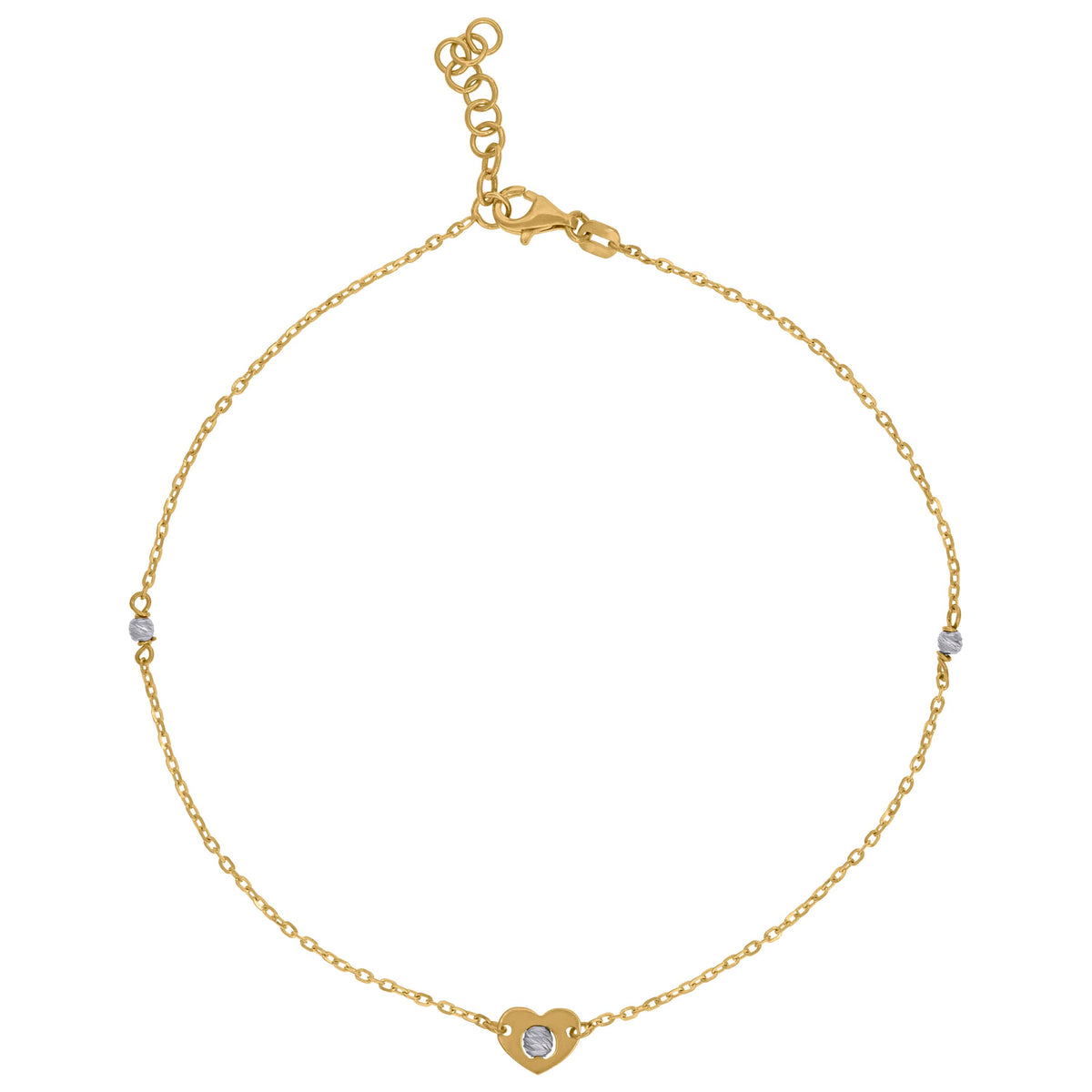 14Kt Two-Tone Gold Womens Polished Finish Textured Heart Beaded Anklet