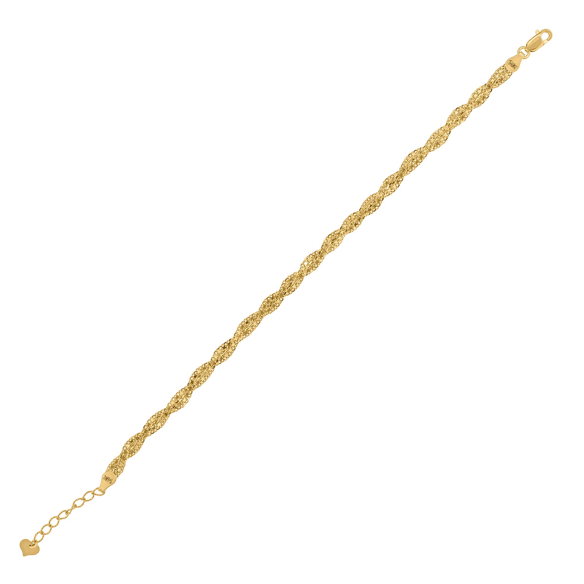 14Kt Yellow Gold Womens Twisted Chain Heart Link Bracelet Size 7 Inches