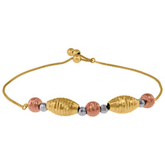 14Kt Tri-Color Gold Womens Diamond-Cut Beaded Link Adjustable Bolo Bracelet Size 8 Inches