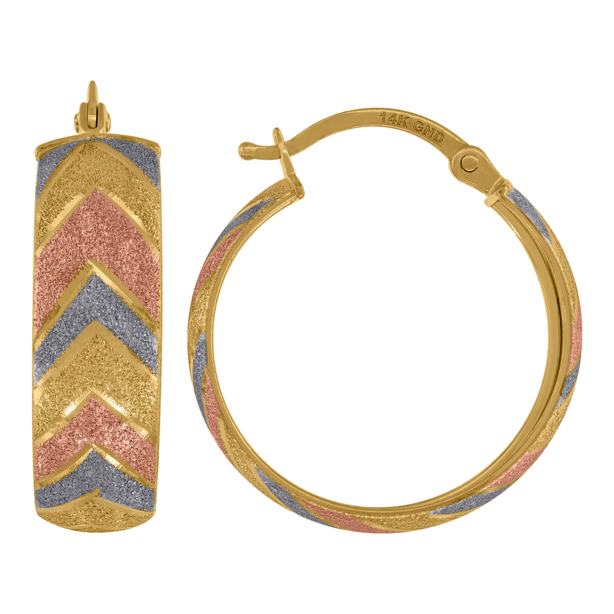 14Kt Tri-Color Gold Womens Textured Hinged Hoop Earrings 21Mm