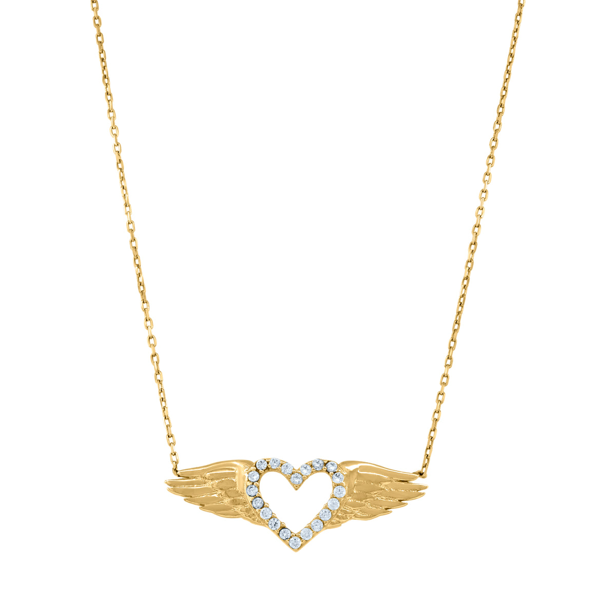 14Kt Yellow Gold Womens Cubic Zirconia Diamond-Cut Heart With Angel Wings Charm Pendant