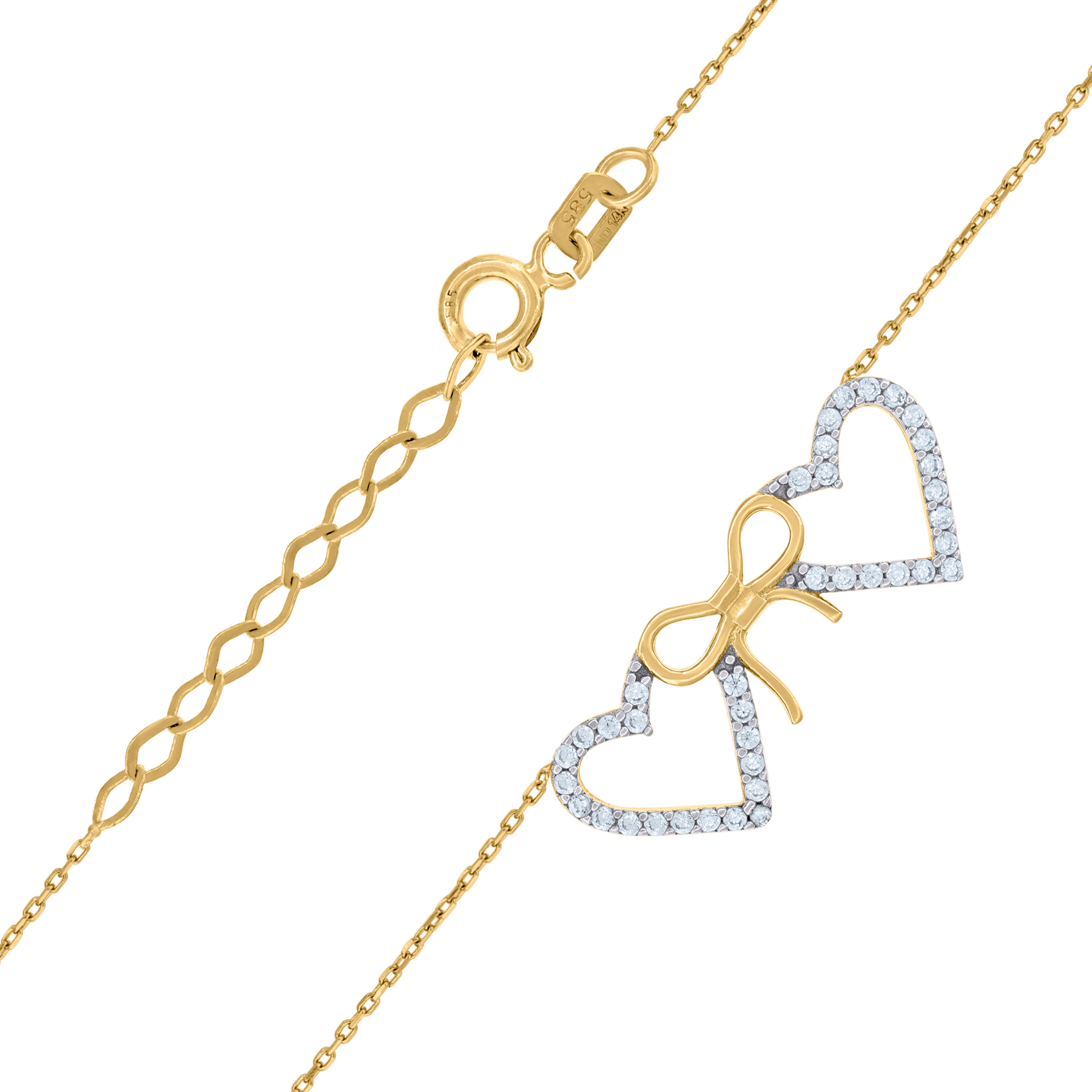 14Kt Two-Tone Gold Womens Cubic Zirconia Double Heart Bow Charm Pendant