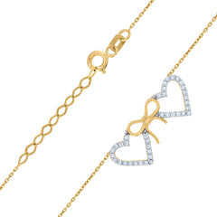 14Kt Two-Tone Gold Womens Cubic Zirconia Double Heart Bow Charm Pendant