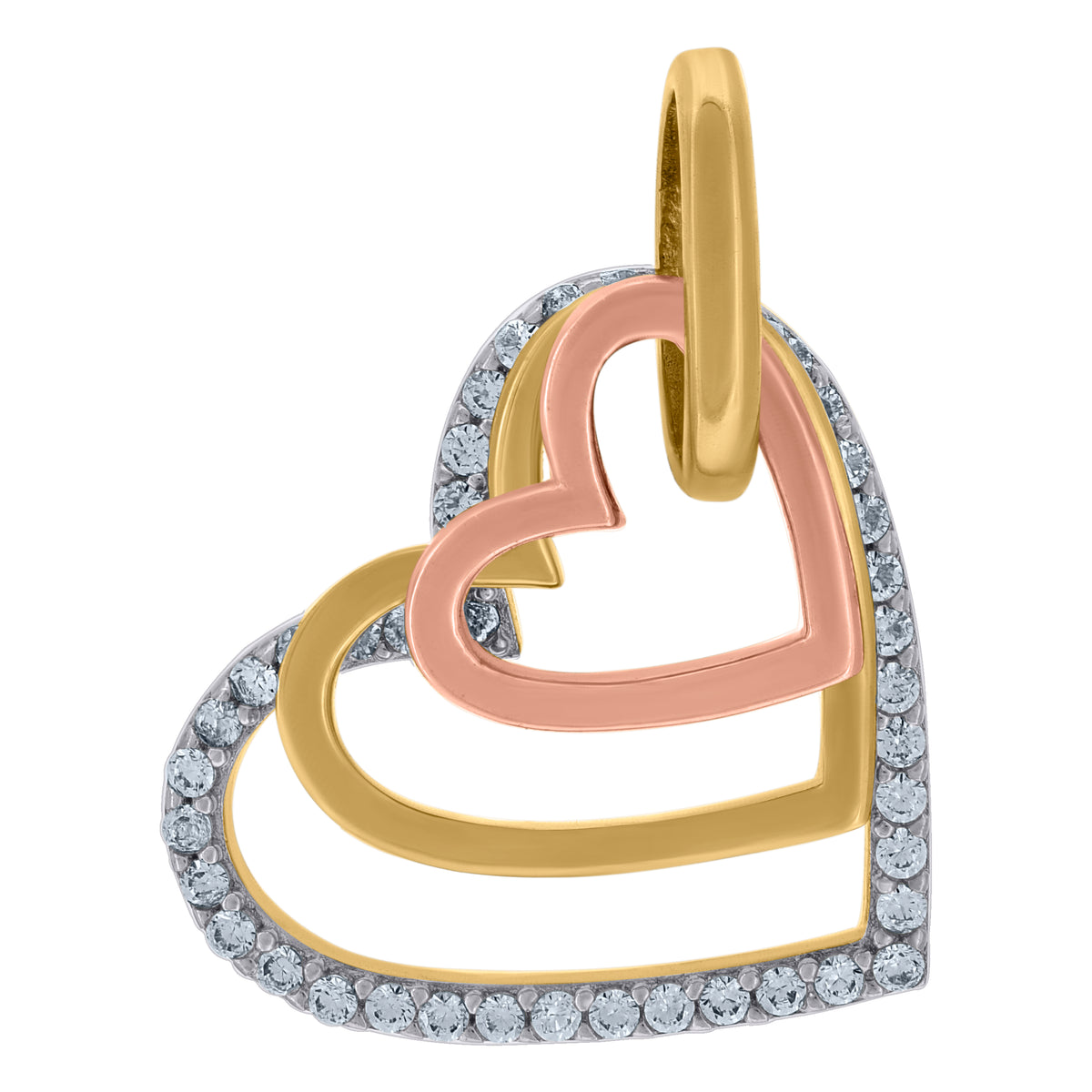 14Kt Tri-Color Gold Womens Cubic Zirconia Three Open Hearts Charm Pendant