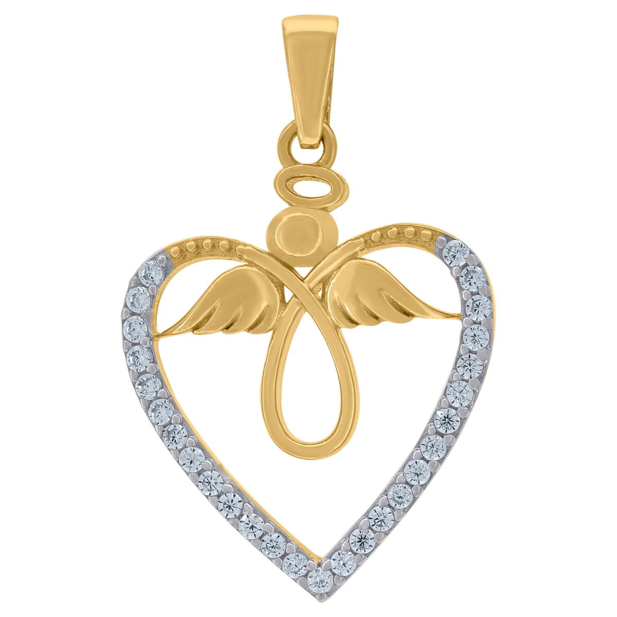 14Kt Two-Tone Gold Womens Cubic Zirconia Angel Wings Heart Charm Pendant