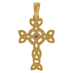 14Kt Two-Tone Gold Unisex Garnet Cubic Zirconia Cross Religious Charm Pendant