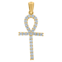 14Kt Yellow Gold Unisex Cubic Zirconia Ankh Cross Religious Charm Pendant