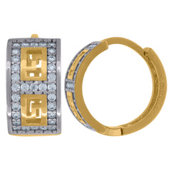 14Kt Two-Tone Gold Womens Cubic Zirconia Greek Key Huggie Hoop Earrings