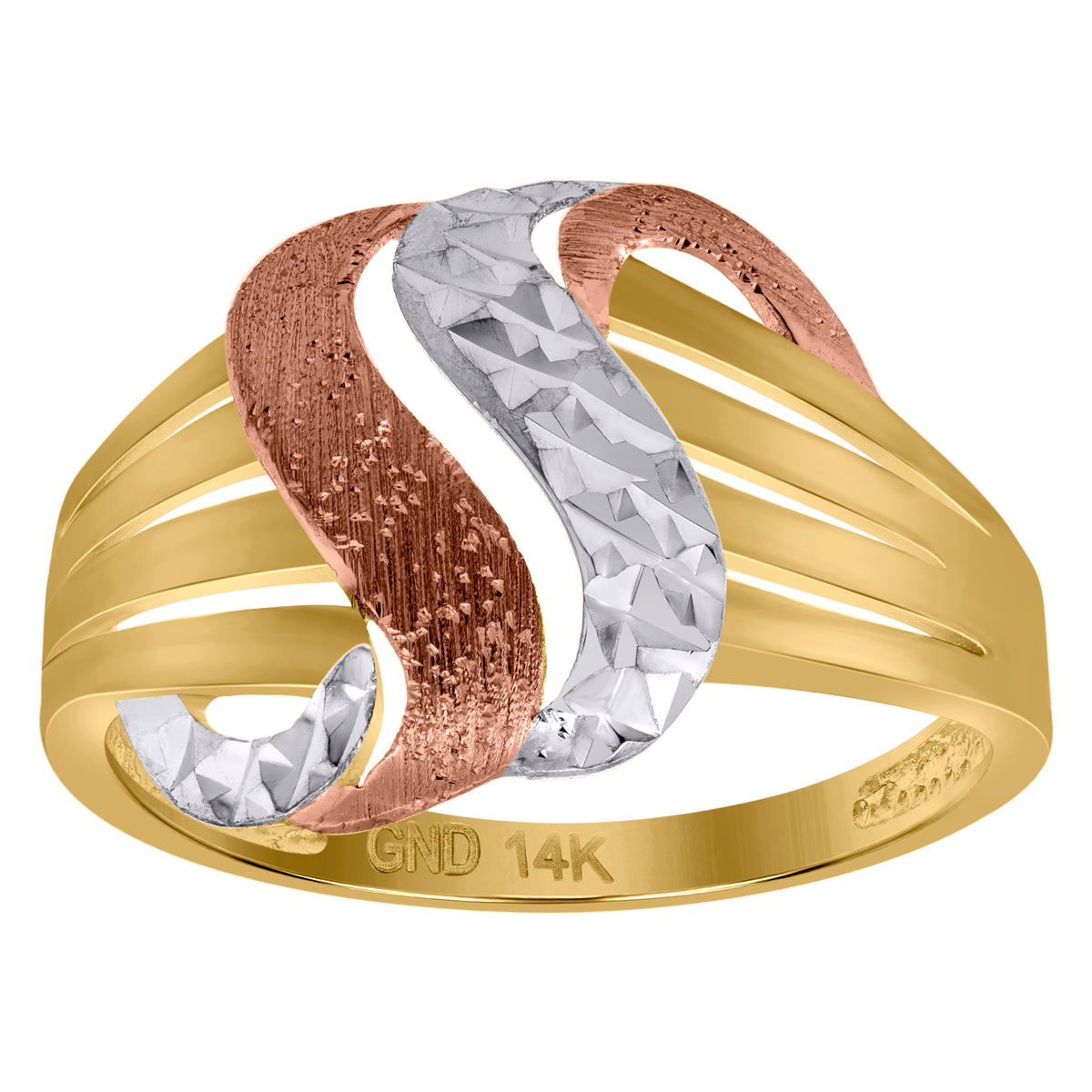 14Kt Tri-Color Gold Womens Diamond-Cut Textured Abstract Engagement Ring