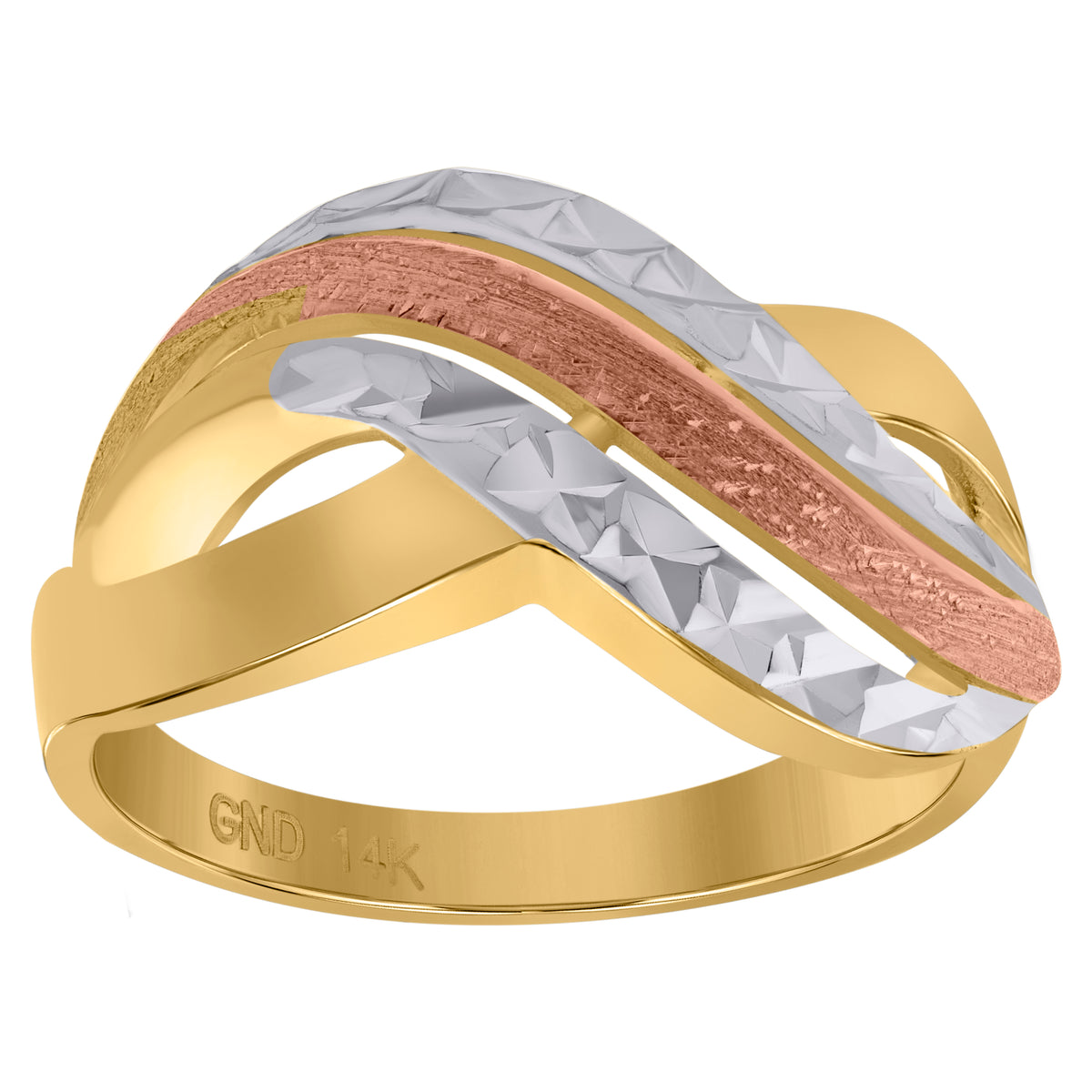 14Kt Tri-Color Gold Womens Diamond-Cut Textured Abstract Engagement Ring