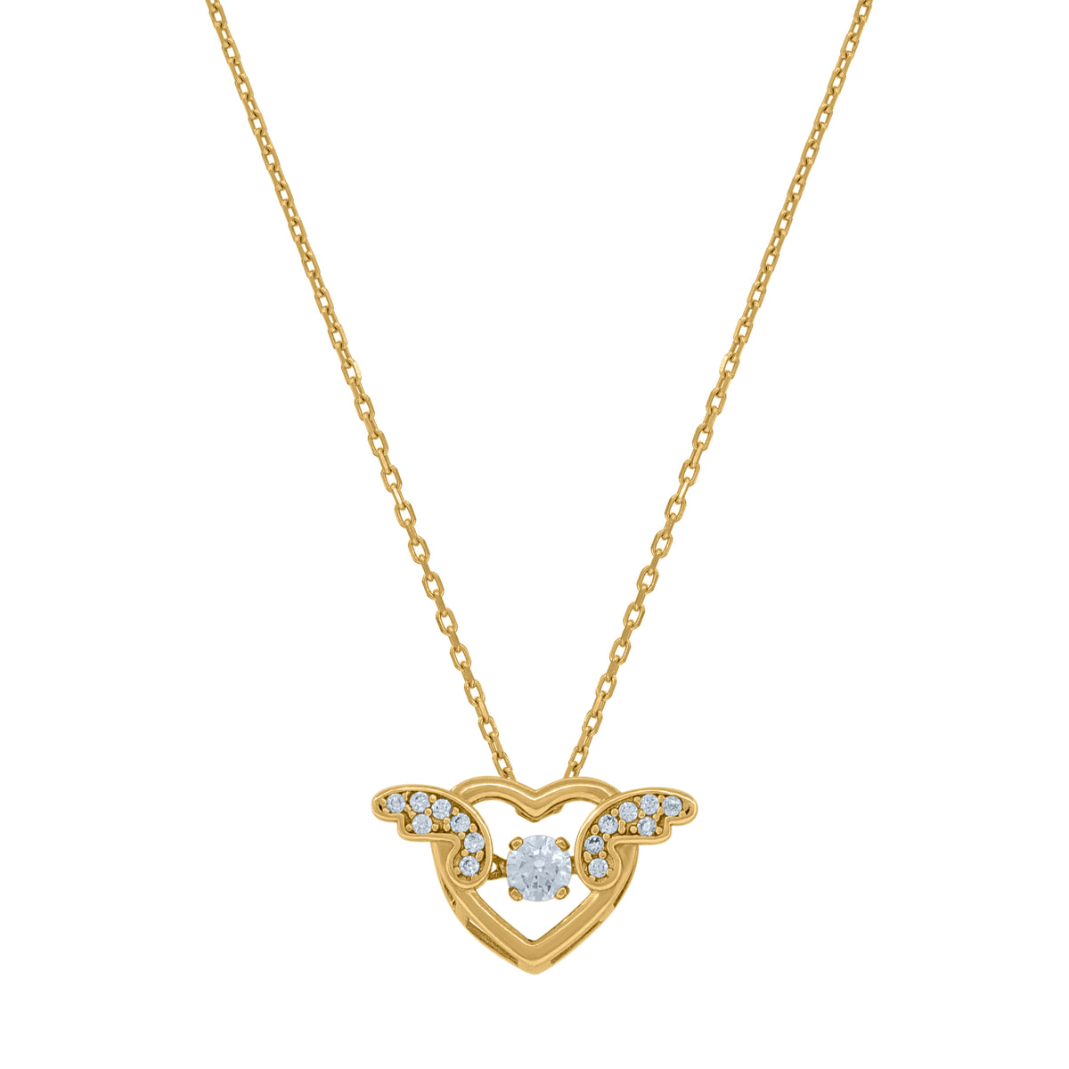 14Kt Yellow Gold Womens Sparkling Cubic Zirconia Heart With Angel Wings Charm Pendant