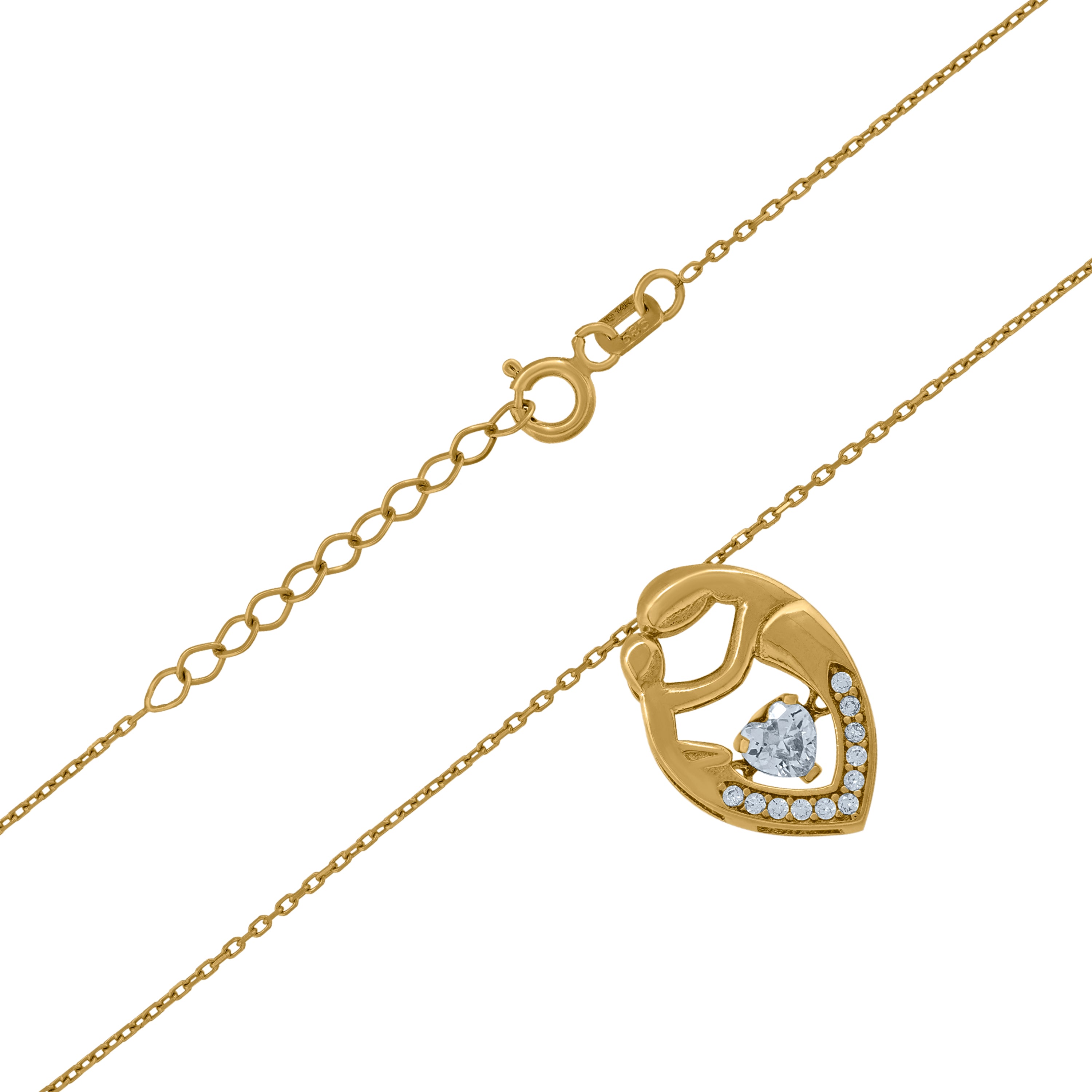 14Kt Yellow Gold Womens Heart And Round Sparkling Cubic Zirconia Mother And Child Heart Charm Pendant