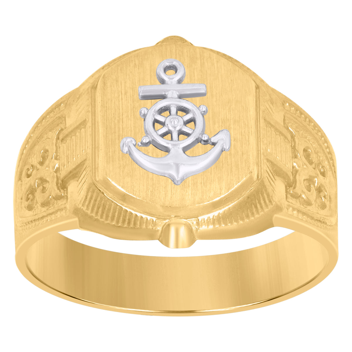 10kt Two-Tone Gold Mens Diamond-Cut Textured Initial Letter M Band Ring