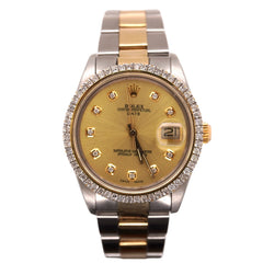 Rolex 34mm Date Oyster 14k Yellow Gold & Steel Watch 2ct Diamonds Gold Dial