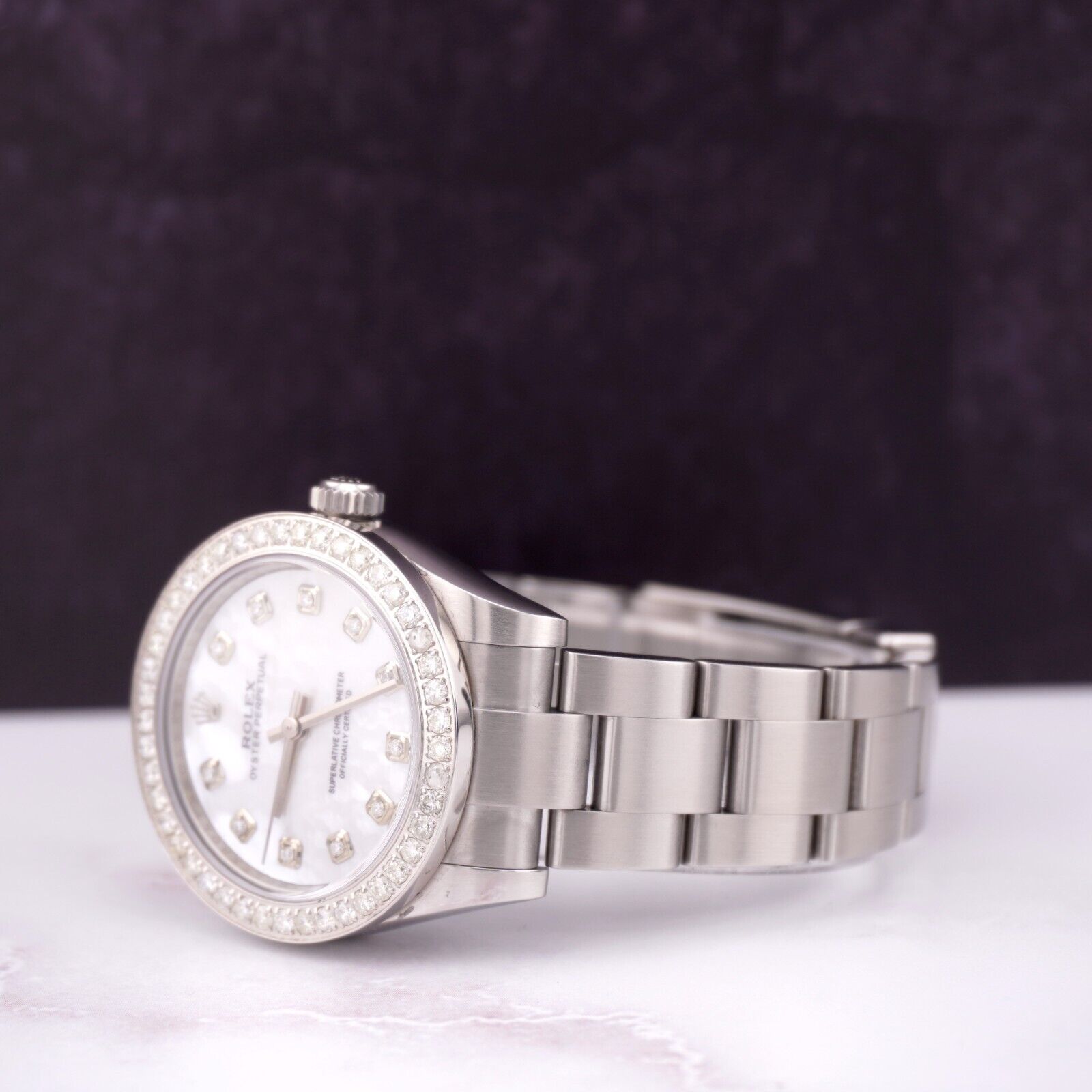 Rolex 31mm Oyster Perpetual 2ct Diamonds White Pearl Dial Steel Watch 177200