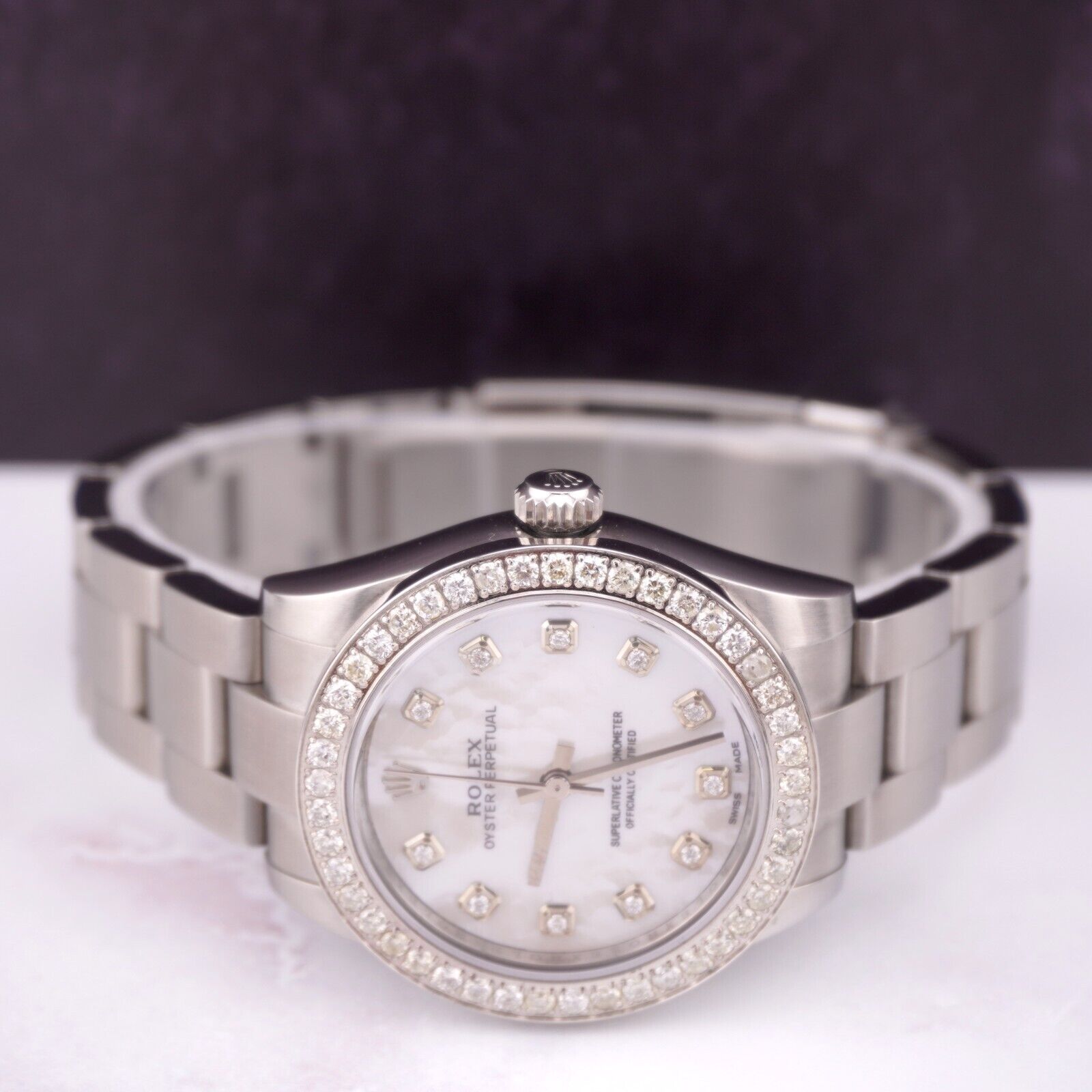 Rolex 31mm Oyster Perpetual 2ct Diamonds White Pearl Dial Steel Watch 177200