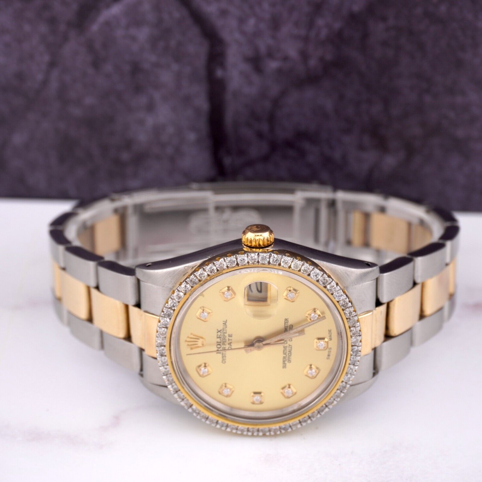 Rolex 34mm Date Oyster 14k Yellow Gold & Steel Watch 2ct Diamonds Gold Dial