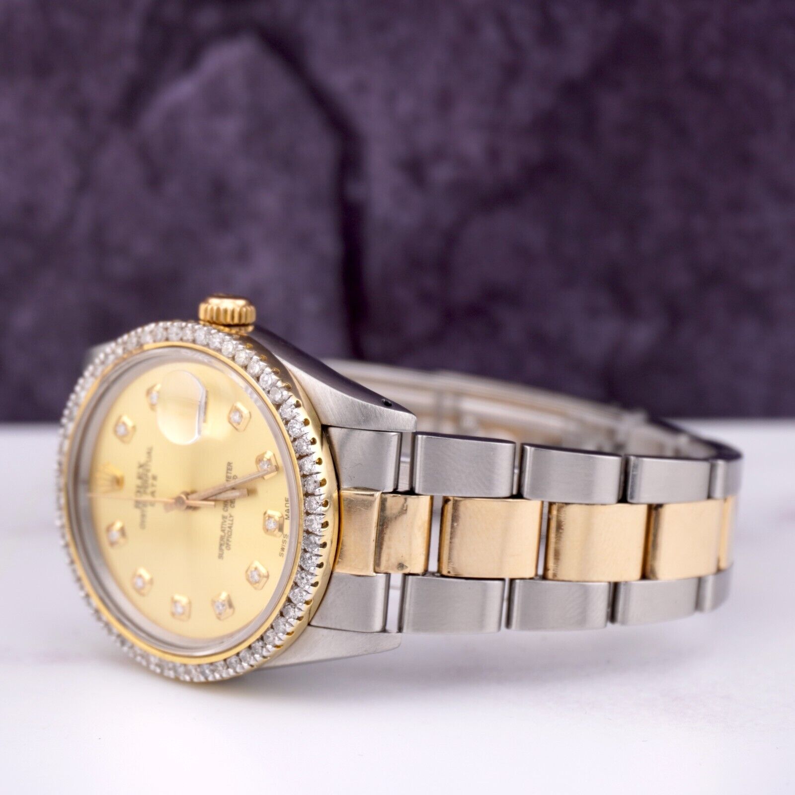 Rolex 34mm Date Oyster 14k Yellow Gold & Steel Watch 2ct Diamonds Gold Dial