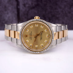 Rolex 34mm Oyster Perpetual 18k Yellow Gold & Steel Watch 2ct Diamonds Gold Dial