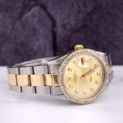 Rolex 34mm Date Oyster 14k Yellow Gold & Steel Watch 2ct Diamonds Gold Dial