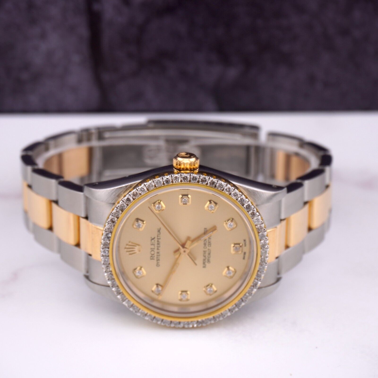 Rolex 34mm Oyster Perpetual 18k Yellow Gold & Steel Watch 2ct Diamonds Gold Dial