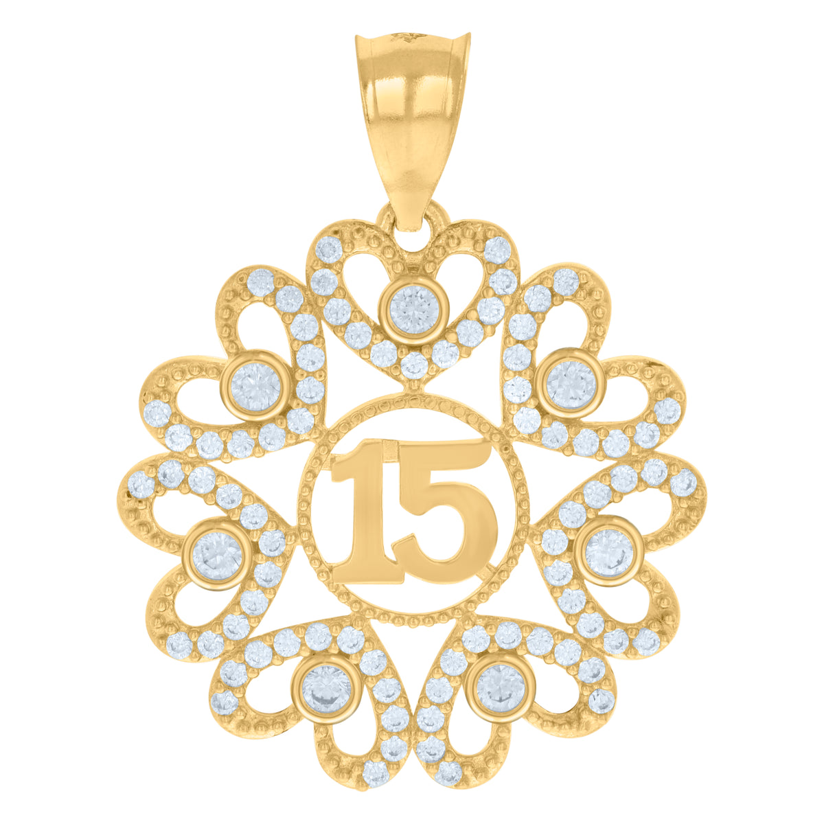 10kt Yellow Gold Womens Cubic-Zirconia 15 Quinceanera Charm Pendant