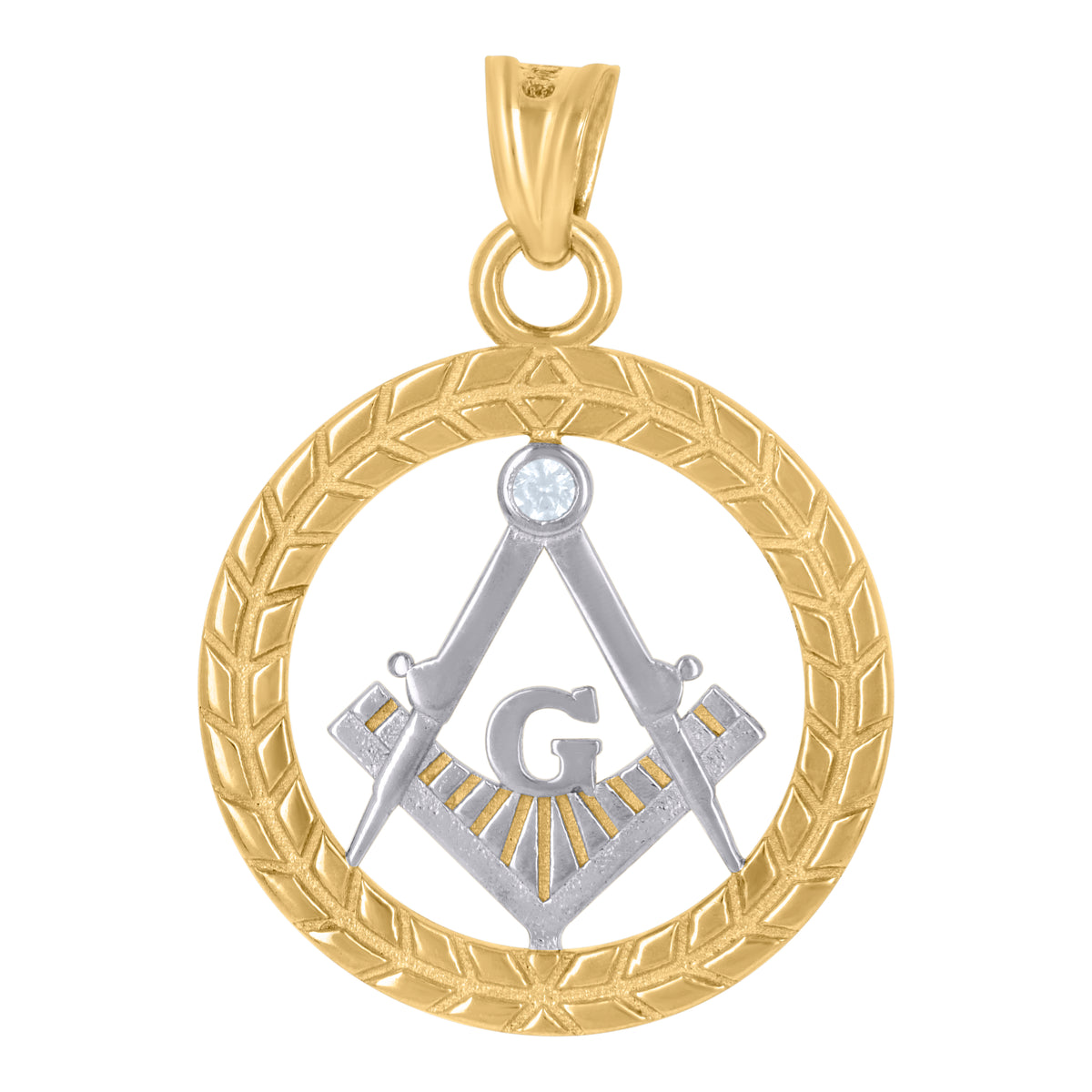 14Kt Two-Tone Gold Mens Cubic-Zirconia Masonic Symbol Religious Charm Pendant