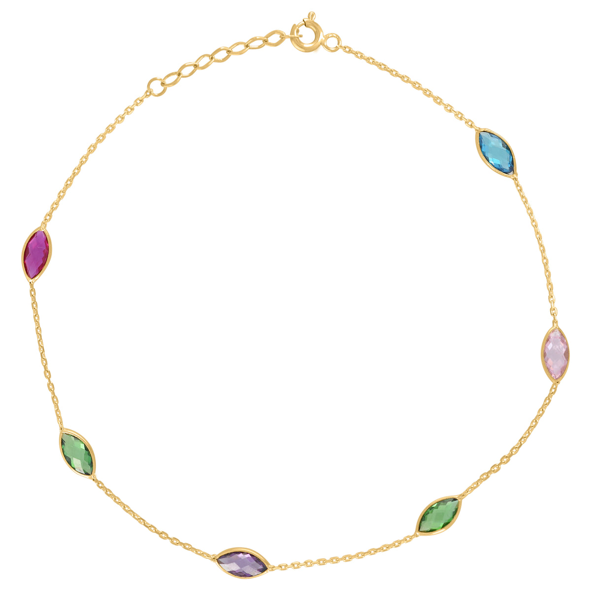 14Kt Yellow Gold Womens Multi-Color Marquise Cubic Zirconia Chain Anklet Size 10 Inches