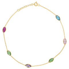 14Kt Yellow Gold Womens Multi-Color Marquise Cubic Zirconia Chain Anklet Size 10 Inches