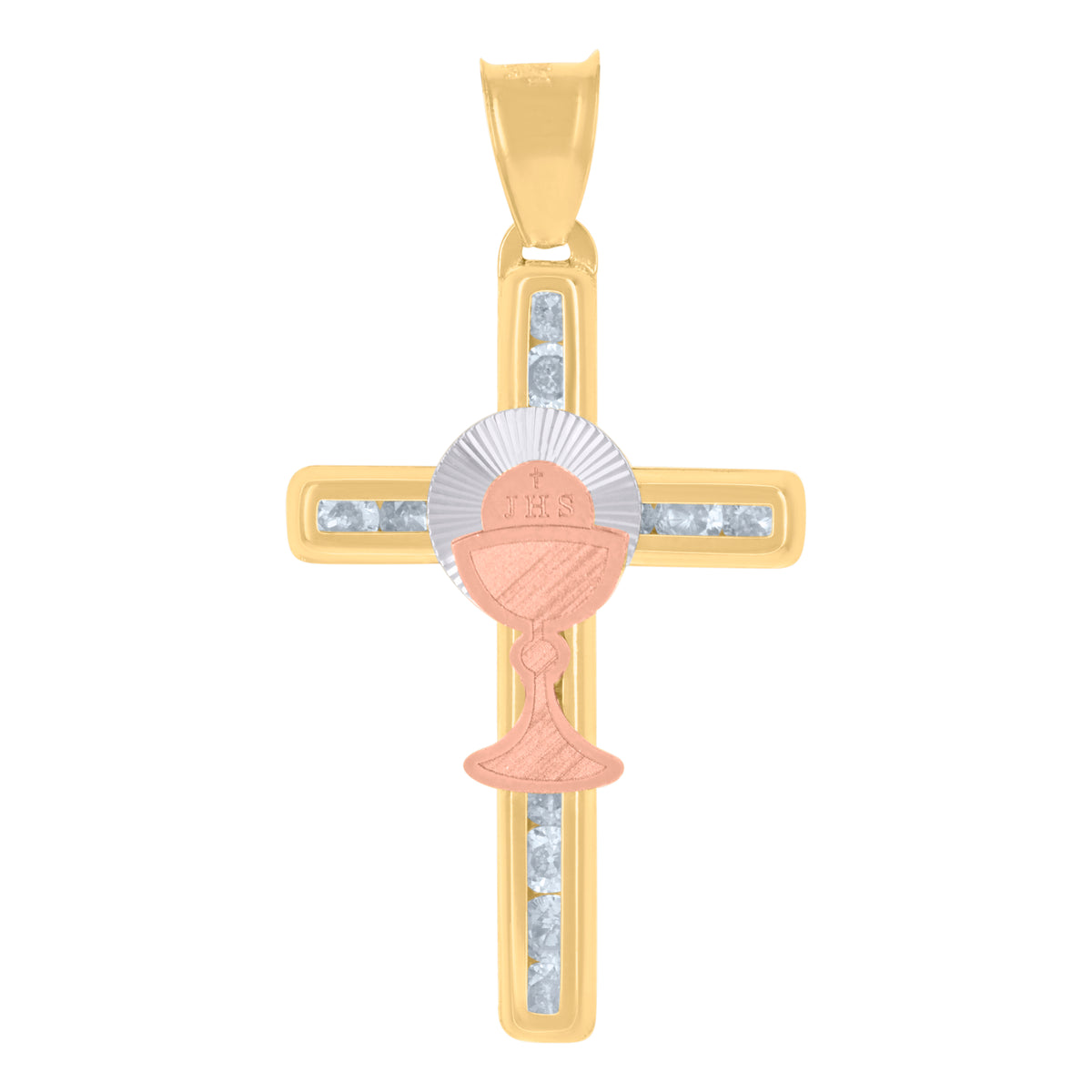 14Kt Tri-Color Gold Unisex Cubic-Zirconia First Communion Cross Ceremony Religious Charm Pendant