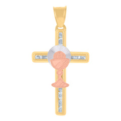 14Kt Tri-Color Gold Unisex Cubic-Zirconia First Communion Cross Ceremony Religious Charm Pendant