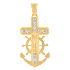 14Kt Yellow Gold Mens Cubic-Zirconia Anchor Crucifix Religious Charm Pendant