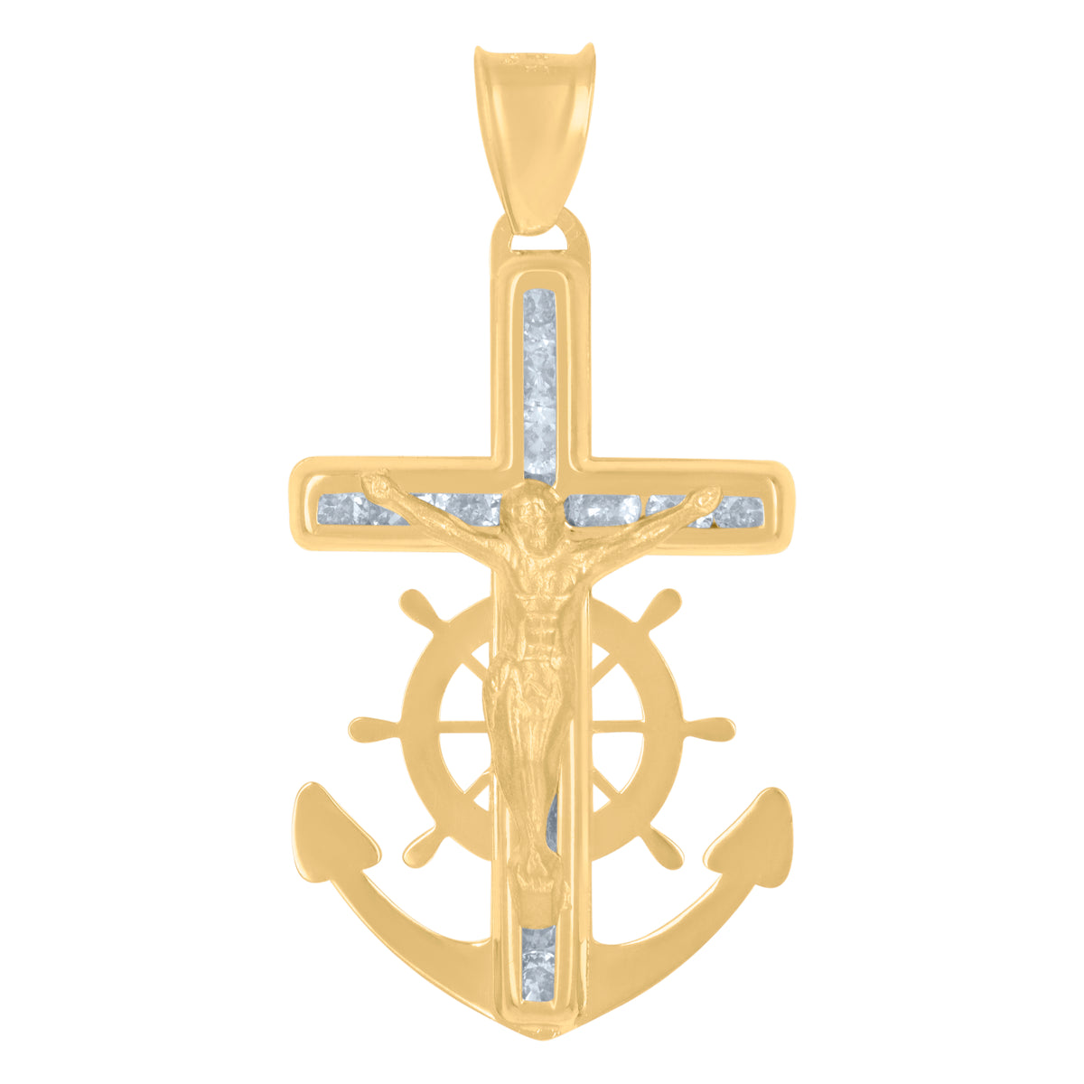 14Kt Yellow Gold Mens Cubic-Zirconia Anchor Crucifix Religious Charm Pendant