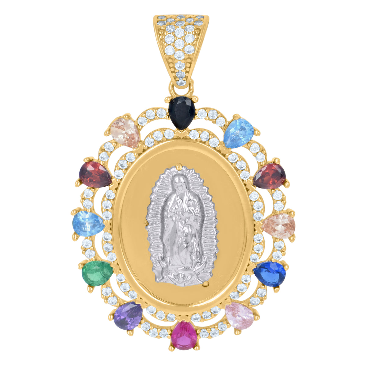 14Kt Two-Tone Gold Womens Multi-Color Pear Round Cubic-Zirconia Guadalupe Religious Charm Pendant