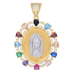 14Kt Two-Tone Gold Womens Multi-Color Pear Round Cubic-Zirconia Guadalupe Religious Charm Pendant